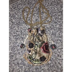 Vintage Style Beaded Drawstring Pouch. Dark Olive Fabric Adorned With Floral...